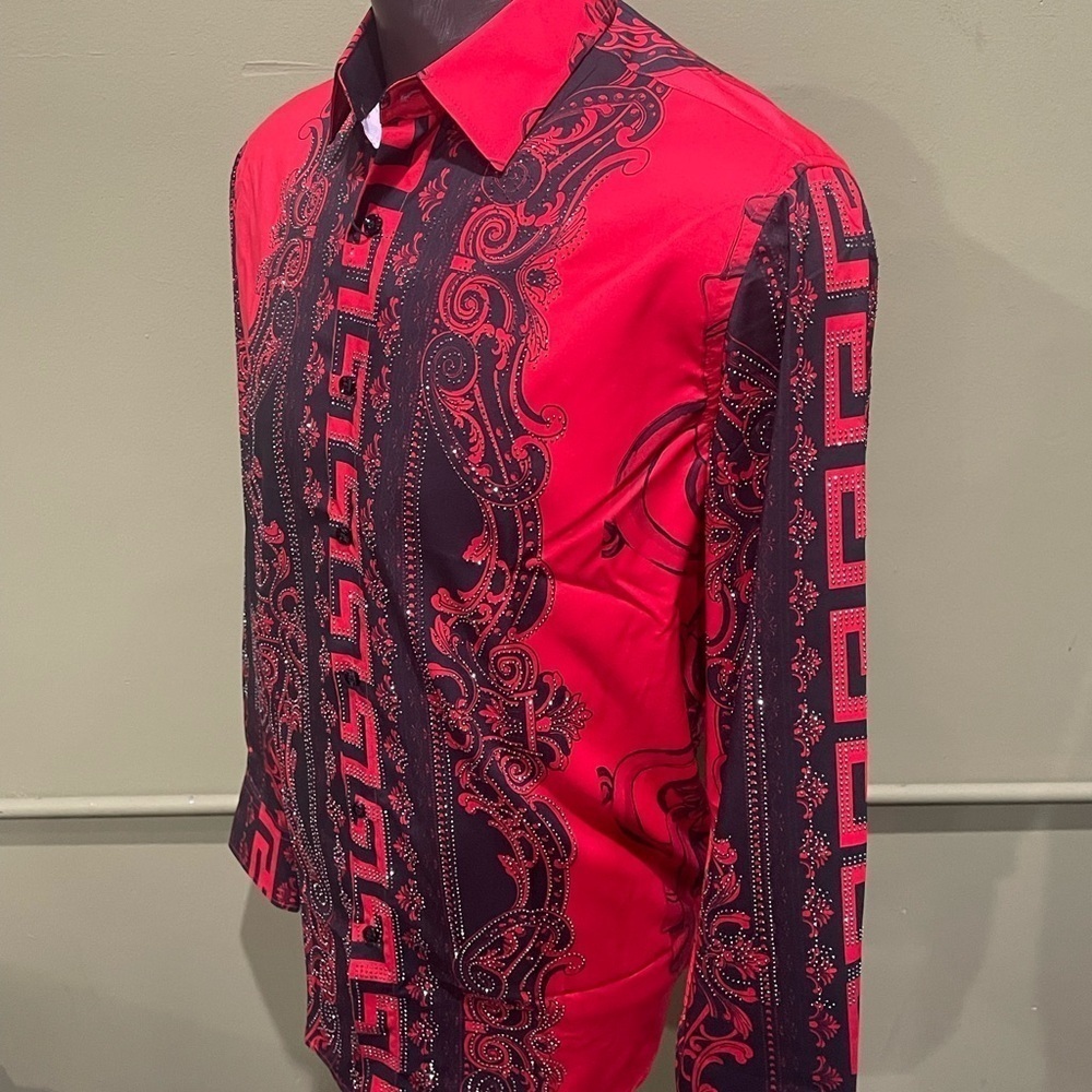 Deniko shirt button front red floral rhinestone regular fit - Picture 3 of 4